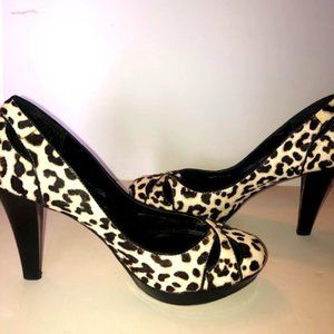 White & Black Leopard Print | Pony Hair Platform Heels- Size  8 1/2